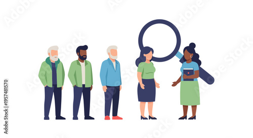 Recruitment and Talent Acquisition: HR Professionals Selecting Diverse Candidates with Magnifying Glass