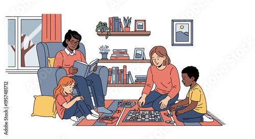 Two women and two children engaging in indoor activities together.