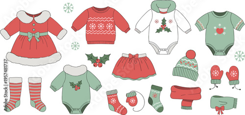Christmas Baby Clothes and Winter Fashion Icon Set Featuring Festive Sweaters Dresses Onesies Mittens and Socks for Holiday Season Greeting Cards and Nursery Designs