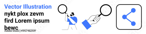 Technology, data analysis, sharing, research, social media, and connection. Person holding magnifying glass, zoomed hand and share icon. Research and technology concepts illustrated visually