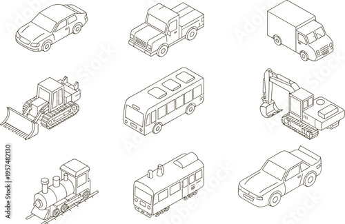 Isometric Transportation and Construction Vehicle Outline Set with Car, Truck, Bus, Excavator, Bulldozer, Train, and Van, CAD Drawing Flat Vector Illustration