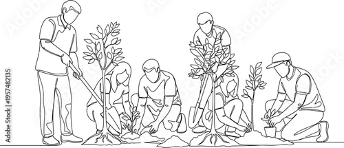 people planting trees in garden
