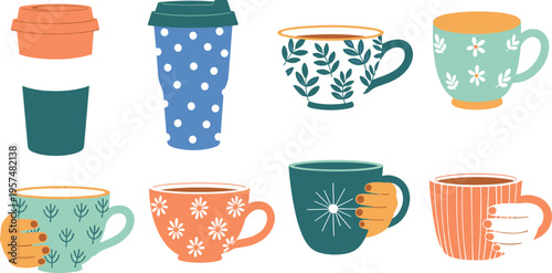 Coffee and Beverage Icon Set Featuring Mugs Espresso Cups Latte Art Wine Glasses and Glassware for Restaurant Menus Cafe Branding and Kitchen Website Designs
