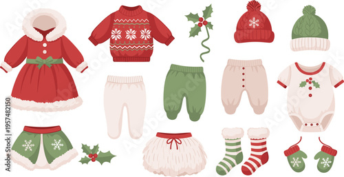 Christmas Baby Clothing Set Featuring Winter Fashion Outfits Like Furry Dresses Sweaters Skirts and Leggings for Festive Holiday Season Designs and Greeting Cards