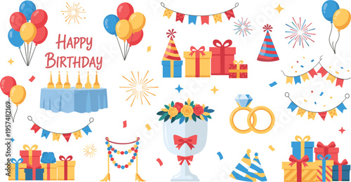 Birthday party decoration set with balloons, gifts, cake and confetti, festive celebration elements collection for holiday event design vector illustration
