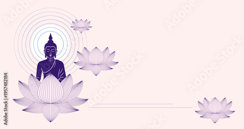 Buddha Purnima, Vesak Day concept design with Buddha and lotus illustration, abstract background, banner, poster and flyer. line minimal art