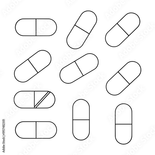 A collection of pills in various orientations Vector, illustration