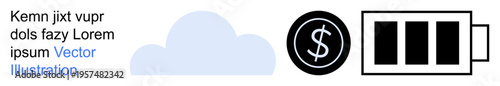Cloud computing, financial planning, energy conservation, online services, technology solutions, sustainability. Cloud, dollar icon and battery graphic on white. Cloud computing and financial