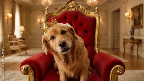 Golden retriever wearing a crown sits regally on a red throne in an elegant room, showcasing a luxurious interior with chandeliers and ornate decor