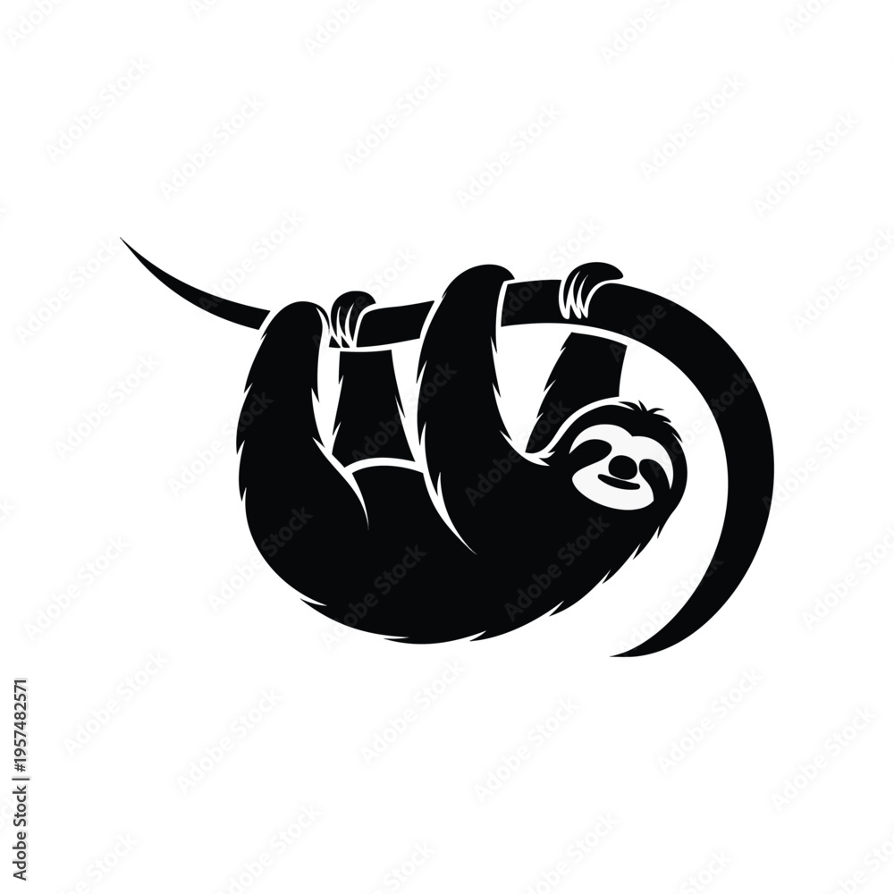 Fototapeta premium Minimalist illustration of a happy sloth hanging from a branch isolated on White Background
