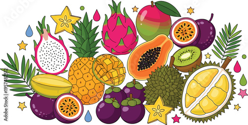 Colorful tropical fruit composition with pineapple dragon fruit papaya citrus mangosteen and banana vector illustration isolated on white background