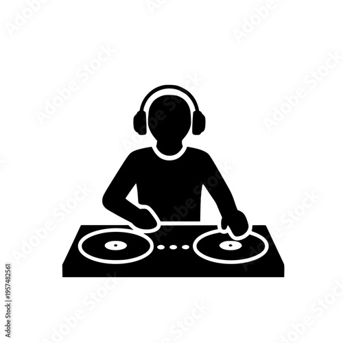 A dj wearing headphones and mixing music Vector, illustration