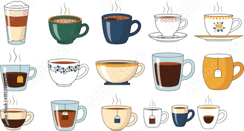 Cozy Hand Drawn Coffee and Tea Icon Set Featuring Decorative Ceramic Mugs Latte Glasses Tea Bags and Espresso Cups for Cafe Menus and Stationery Designs