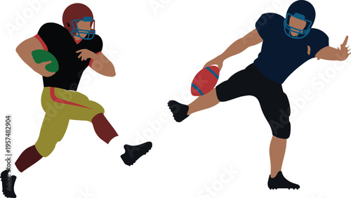 Flat Vector Illustration of American Football Players Featuring One Athlete Running with Ball and Another Kicking Isolated on White Background for Sports Graphic Design
