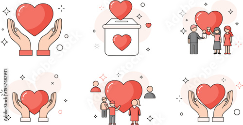 Charity and donation concept set with helping hands, love hearts and community support, social care and volunteering vector illustration for nonprofit and kindness