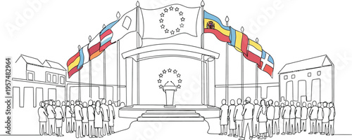 people gather outside government building with flags