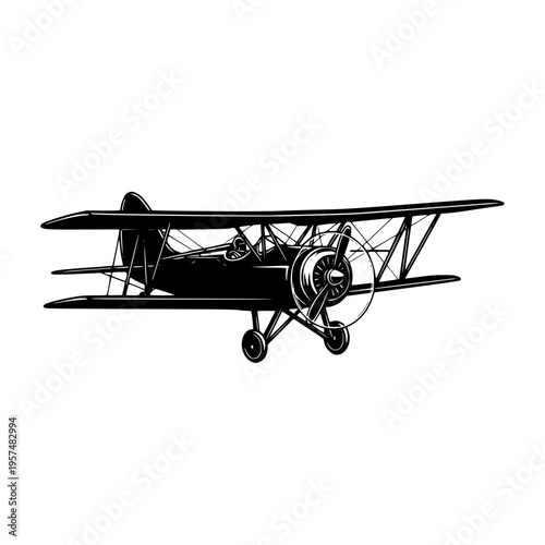 A black silhouette of a vintage biplane Vector, illustration