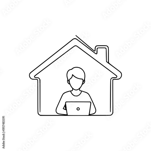 A person sitting inside a house using a laptop Vector, illustration