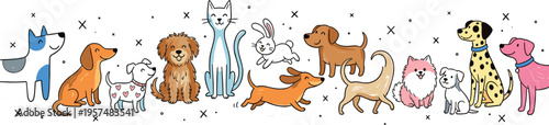 Adorable Collection of Hand Drawn Cartoon Domestic Pets Including Dogs Cat and Rabbit for Veterinary and Animal Care Designs