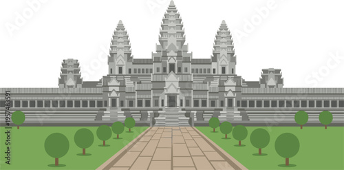Angkor Wat Temple Cambodia Landmark Vector Illustration Featuring Traditional Khmer Architecture With Stone Pathway And Green Garden Trees
