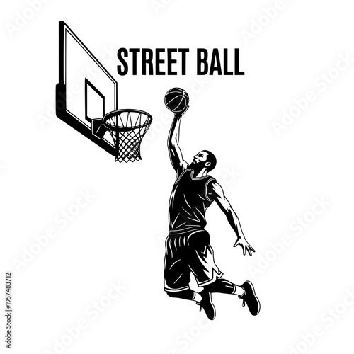 A man in mid-air dunking a basketball Vector, illustration