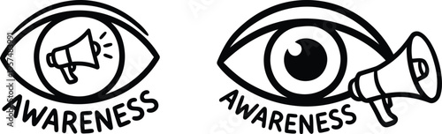 Brand awareness visual concepts featuring a human eye combined with a megaphone, illustrating marketing visibility and public attention strategies.