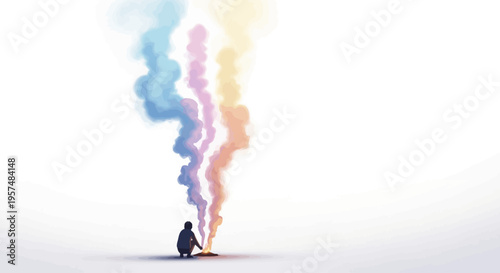Person sitting with colorful smoke.