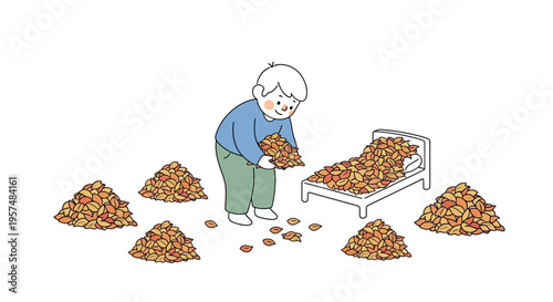 Elderly man surrounded by large coins.