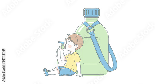 Boy sitting with water bottle outdoors.