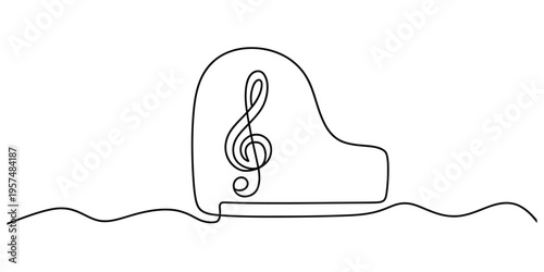 Minimalist One-Line Drawing of a Grand Piano with Treble Clef