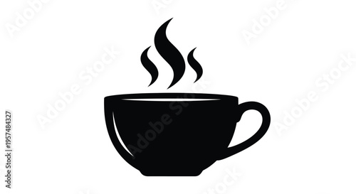 A simple black silhouette of a steaming coffee cup against a white background