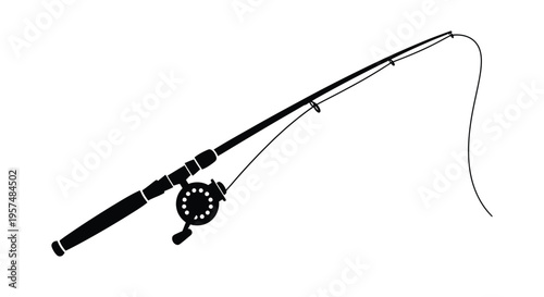 A black silhouette of a fishing rod with a reel and line