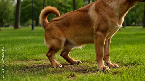 Photorealistic dog exploring grassy park area, sniffing ground while standing on soft earth, surrounded by trees and bright blue sky in the background