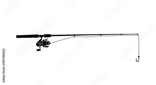 Simple black silhouette of a fishing rod with reel and hook
