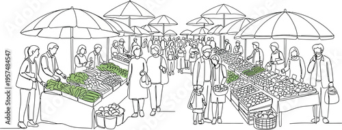 outdoor market illustration, people shopping for fresh produce