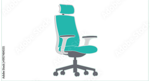 A teal office chair with a high backrest and adjustable armrests is displayed