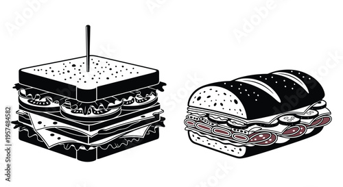Two stylized sandwiches one triangular and one rectangular in black and white