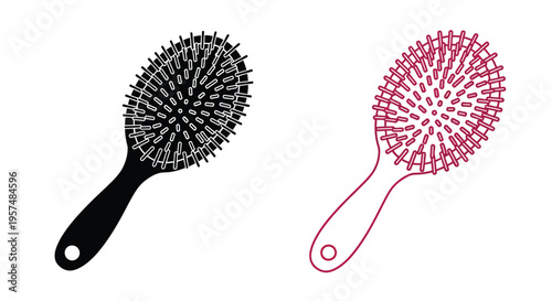 Two hairbrushes one black one red presented in outline and solid forms
