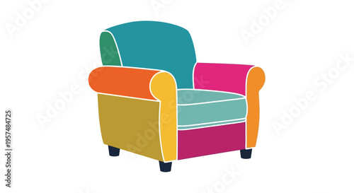 A colorful stylized illustration of a modern armchair with patchwork design