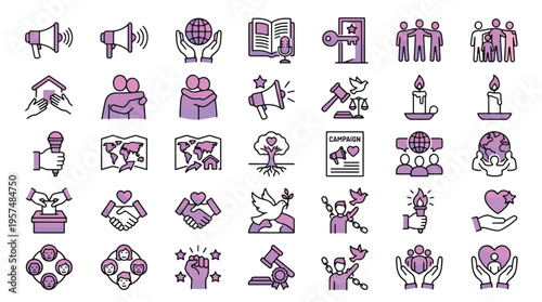 Social Activism Icon Set in Linear Style. A collection of human rights linear icons, including megaphone, globe, peace dove, voting, justice, unity, freedom, and more. Activism, justice, peace.