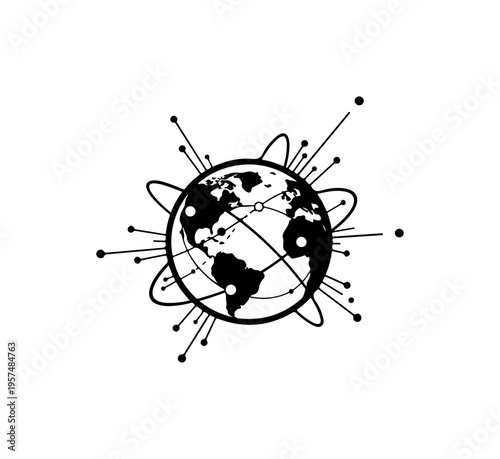 Silhouette of the earth with atomic orbit lines and connections