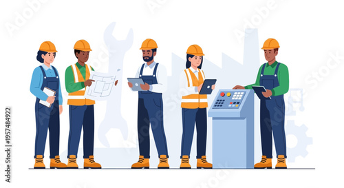 Diverse Industrial Team: Engineers, Technicians & Workers Collaborating. Manufacturing, Construction & Tech Workforce with Safety Gear.