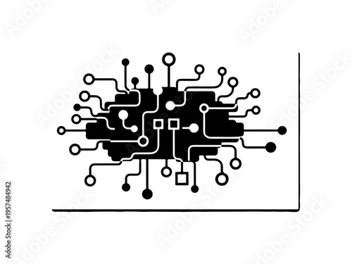Silhouette of a circuit board with complex connections and nodes