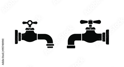 Two black silhouette illustrations of water faucets with distinct handle designs