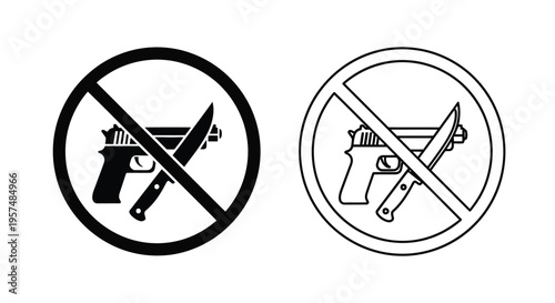 Prohibition sign featuring a handgun and knife crossed out shown in two variations