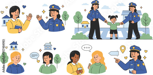 Community police interaction vector set with officers helping citizens, talking, guiding children, public safety and friendly law enforcement illustration collection