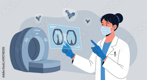 Doctor analyzes MRI scan of brain near MRI machine, medical technology concept