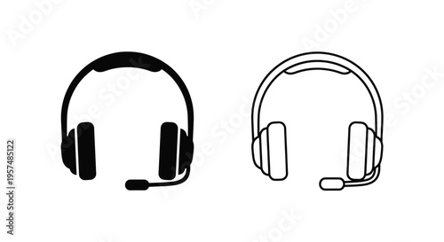 Black and white line art depicting two versions of a headset with microphone
