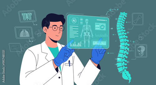 Doctor analyzes spine hologram with futuristic medical technology and AI interface