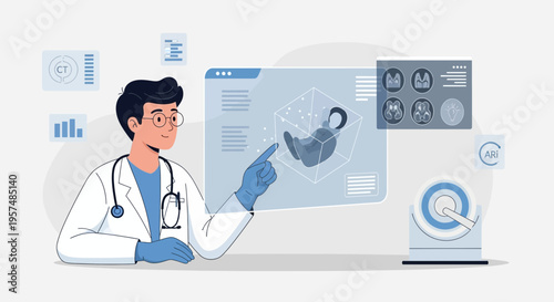 Doctor analyzing 3D medical scan of baby on futuristic holographic interface
